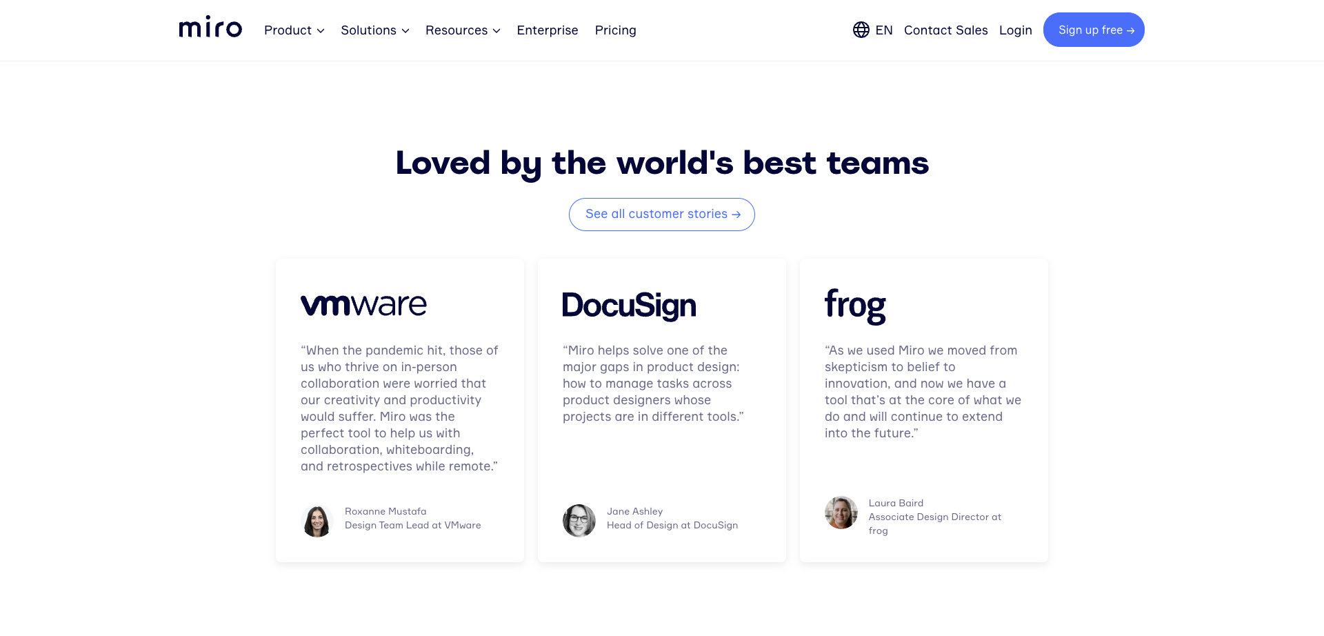 Landing page best practices example for social proof Miro